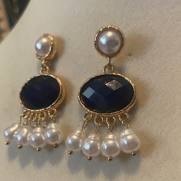Gold Blue Pearl Drop Earrings - Picture 3 of 5